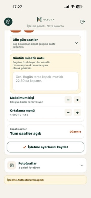 Masora günlük misafir notu ve kapasite ayarları