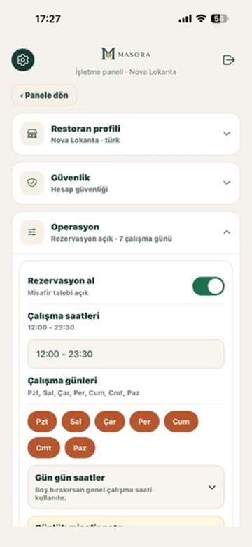 Masora işletme ayarları ekranı