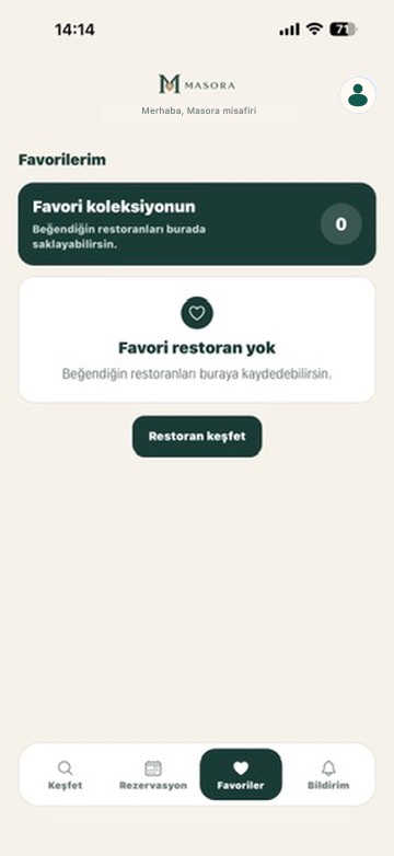 Masora müşteri uygulamasında favoriler ekranı
