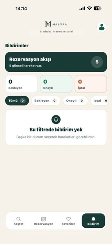 Masora müşteri uygulamasında bildirimler ekranı