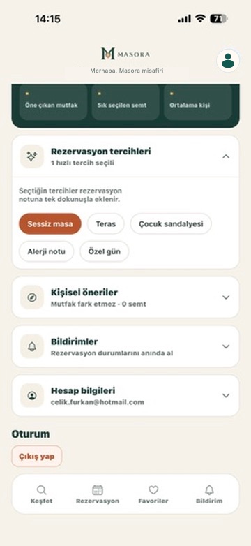 Masora müşteri uygulamasında profil ve tercihler ekranı