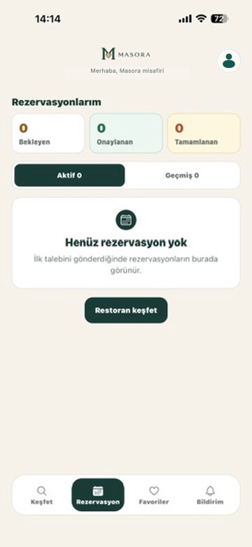 Masora müşteri uygulamasında rezervasyonlar ekranı